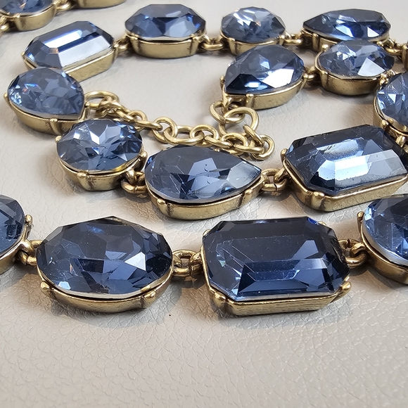 [J. Crew] Blue Crystal Multi Shaped Riviere Gold Toned Statement Necklace - Picture 9 of 16
